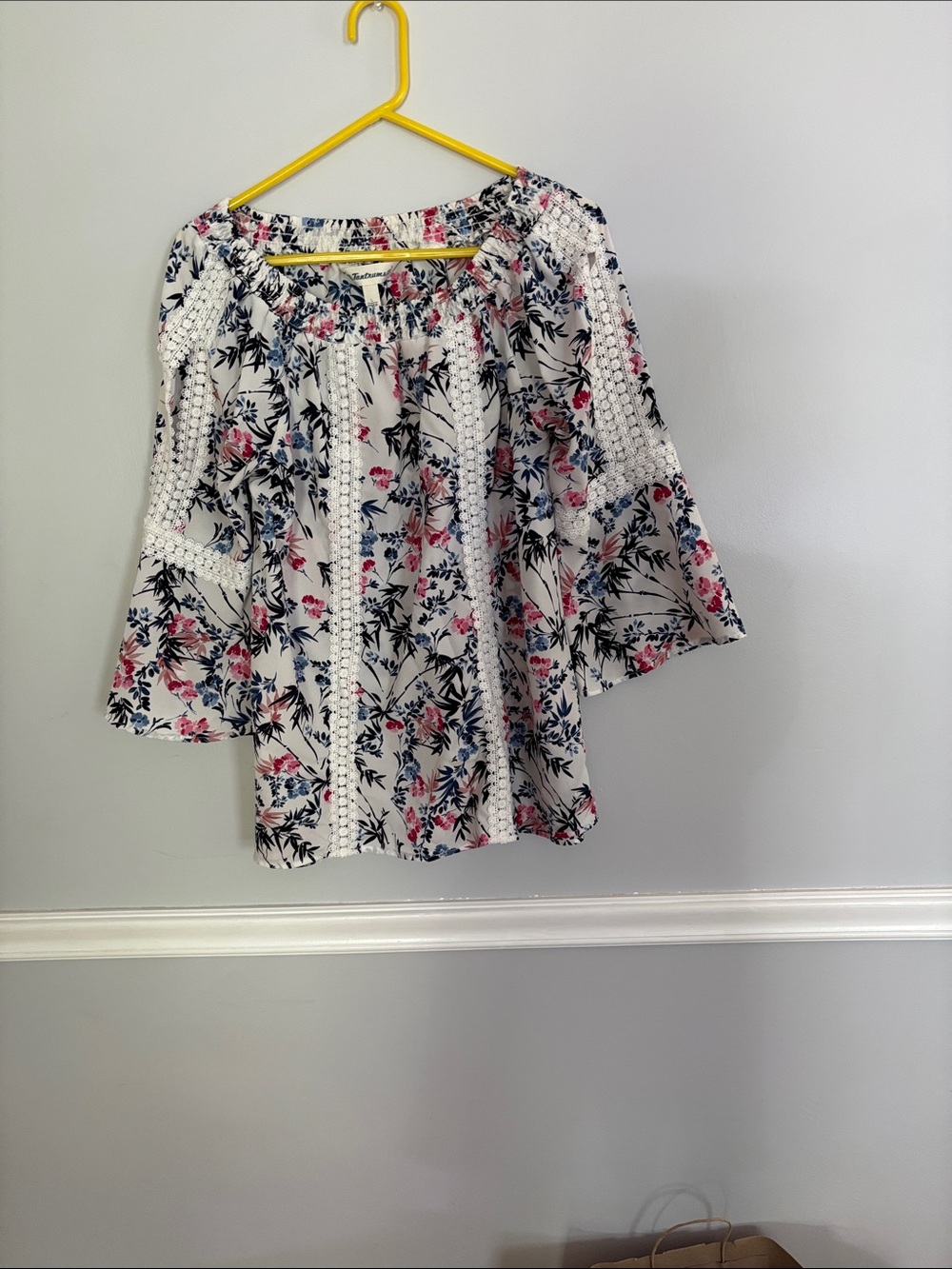 Tantrums White Floral Off-Shoulder Blouse with Pink and Navy Accents